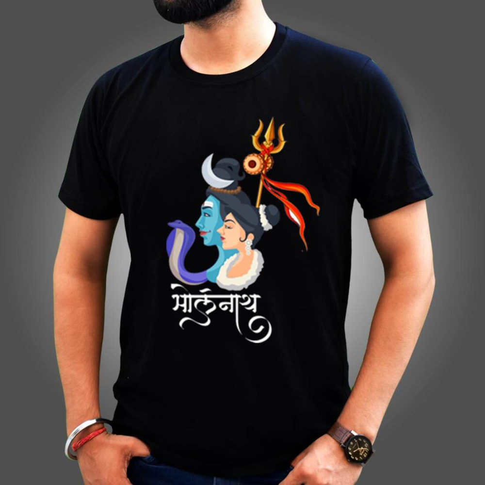 Black T-Shirt with a graphic illustration of Bholenath (Shiva) and Parvati, a trident, and "भोलेनाथ" (Bholenath) written in Devanagari script.