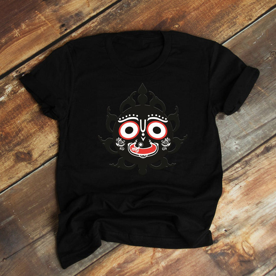 Black t-shirt featuring a sacred artistic design of Lord Jagannath, radiating devotion and grace.