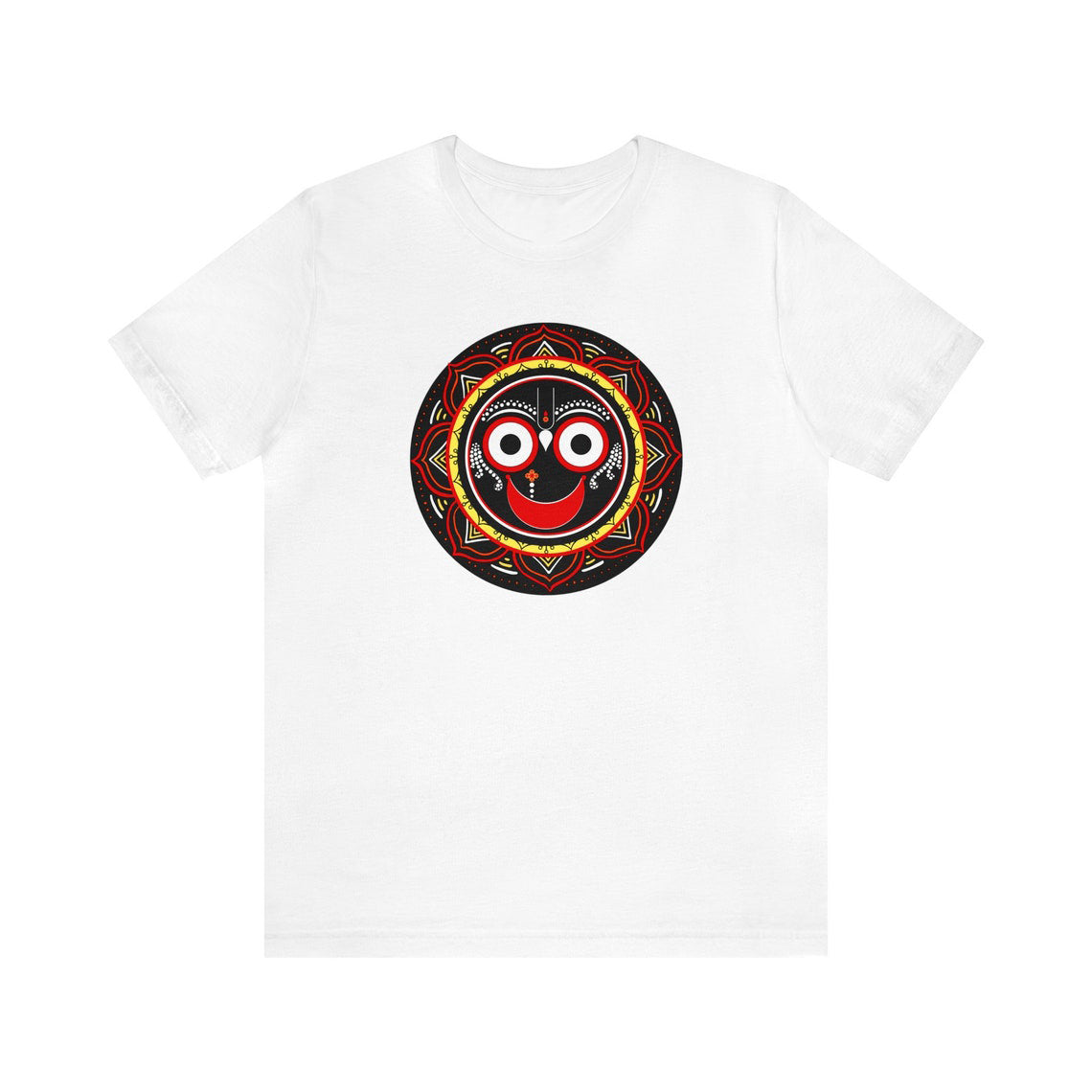 White T-shirt featuring a vibrant mandala design of Lord Jagannath, radiating spiritual energy and devotion.
