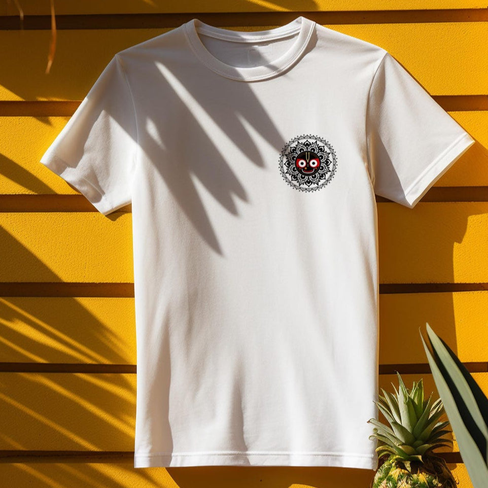Soft white T-shirt featuring a minimalist black-line depiction of Lord Jagannath’s divine face, adorned with a red tilak and golden accents.