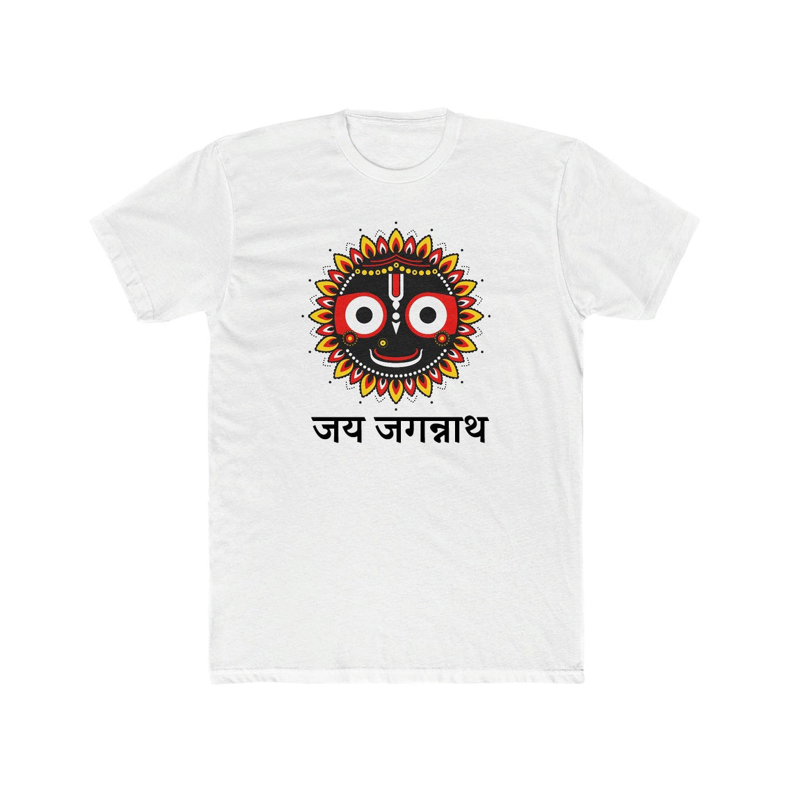 White t-shirt featuring a divine illustration of Lord Jagannath with "Jai Jagannath" written in Devanagari script.