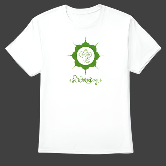 A white T-shirt featuring a green spiritual design of Lord Ganesha inside a circular motif, accompanied by the Sanskrit text "श्री गणेशाय नमः" beneath it. The simple yet sacred design makes it a perfect choice for devotees and spiritual enthusiasts.