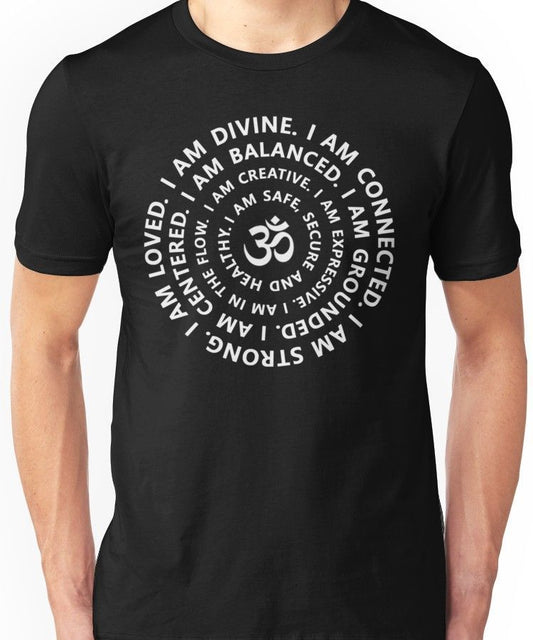 Black T-Shirt with white text affirmations arranged in a circle around an Om symbol, including phrases like "I am divine," "I am balanced," and "I am loved."