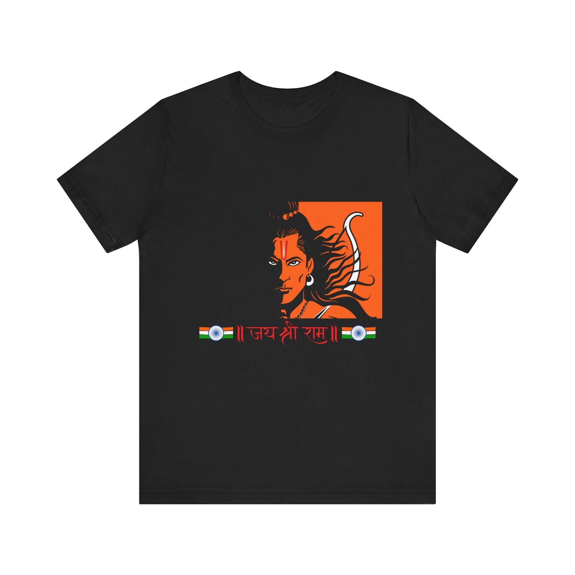 Black T-Shirt with a half-face graphic of Shri Ram in orange and white, and "॥ जय श्री राम ॥" (Jai Shri Ram) written in Devanagari script between two Indian flag-like symbols.