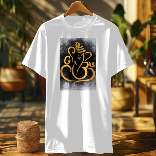 A white t-shirt featuring a golden Ganesh and Om symbol on a textured background, a divine expression of faith.