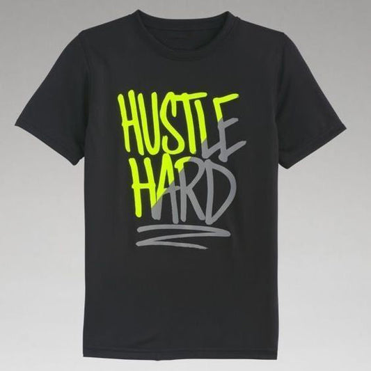 Black t-shirt with "HUSTLE HARD" text in yellow and gray.