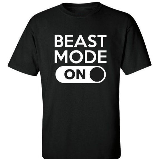 Black t-shirt with white "BEAST MODE ON" text and toggle switch graphic.