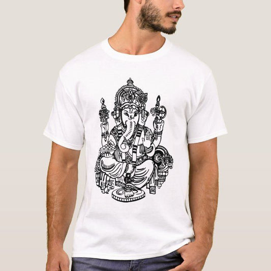 A white T-shirt featuring a highly detailed black line-art illustration of Lord Ganesha in a seated position, adorned with traditional ornaments and holding symbolic items. A perfect choice for those who appreciate spiritual and artistic designs.