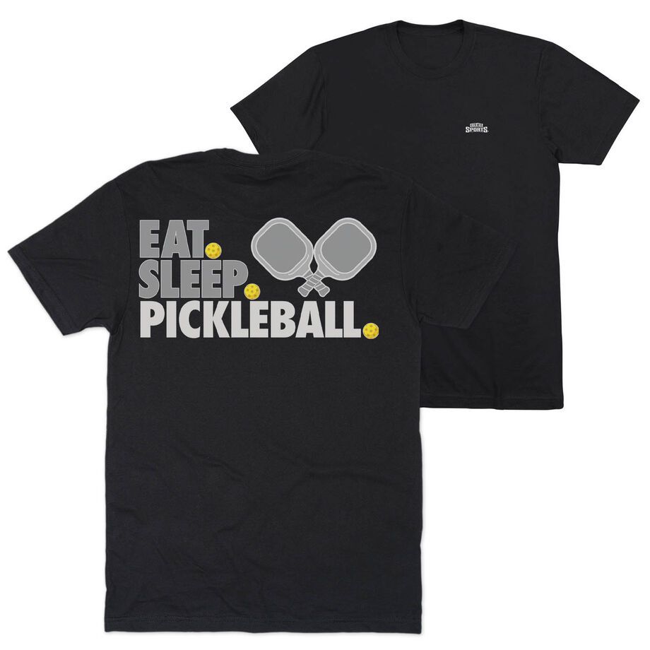 Black t-shirt with "Eat Sleep Pickleball" text, paddles, and balls graphic on the back.