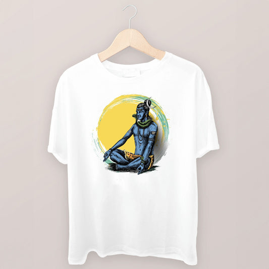 White oversized 100% cotton T-Shirt with a graphic illustration of Lord Shiva meditating against a yellow circle background.