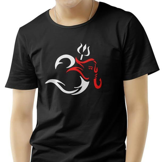 A black t-shirt featuring a stylized Ganesh with a Trishul, a symbol of divine power and blessings.