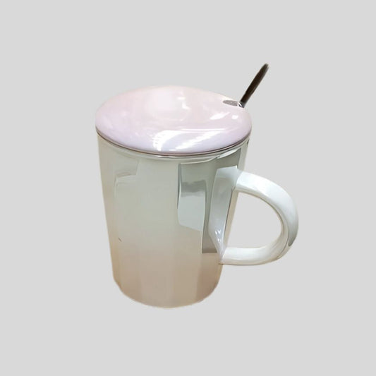 DK - Ceramic Mug with Lid and Spoon - Glossy White Coffee Cup Set