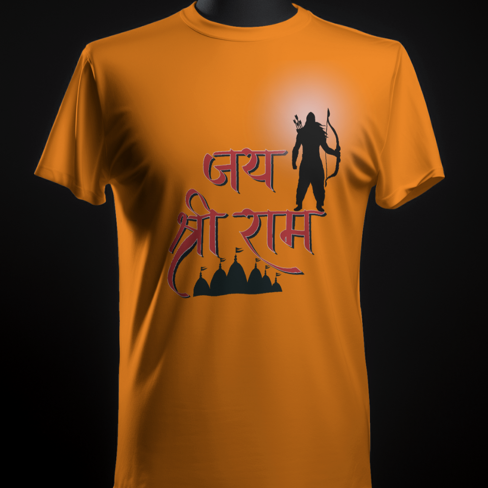 Orange T-Shirt with a silhouette of Shri Ram and "जय श्री राम" (Jai Shri Ram) written in Devanagari script above a temple silhouette.