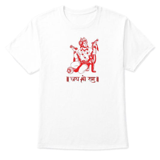 White T-Shirt with a red graphic illustration of Hanuman and "|| जय श्री राम ||" written in red Devanagari script.