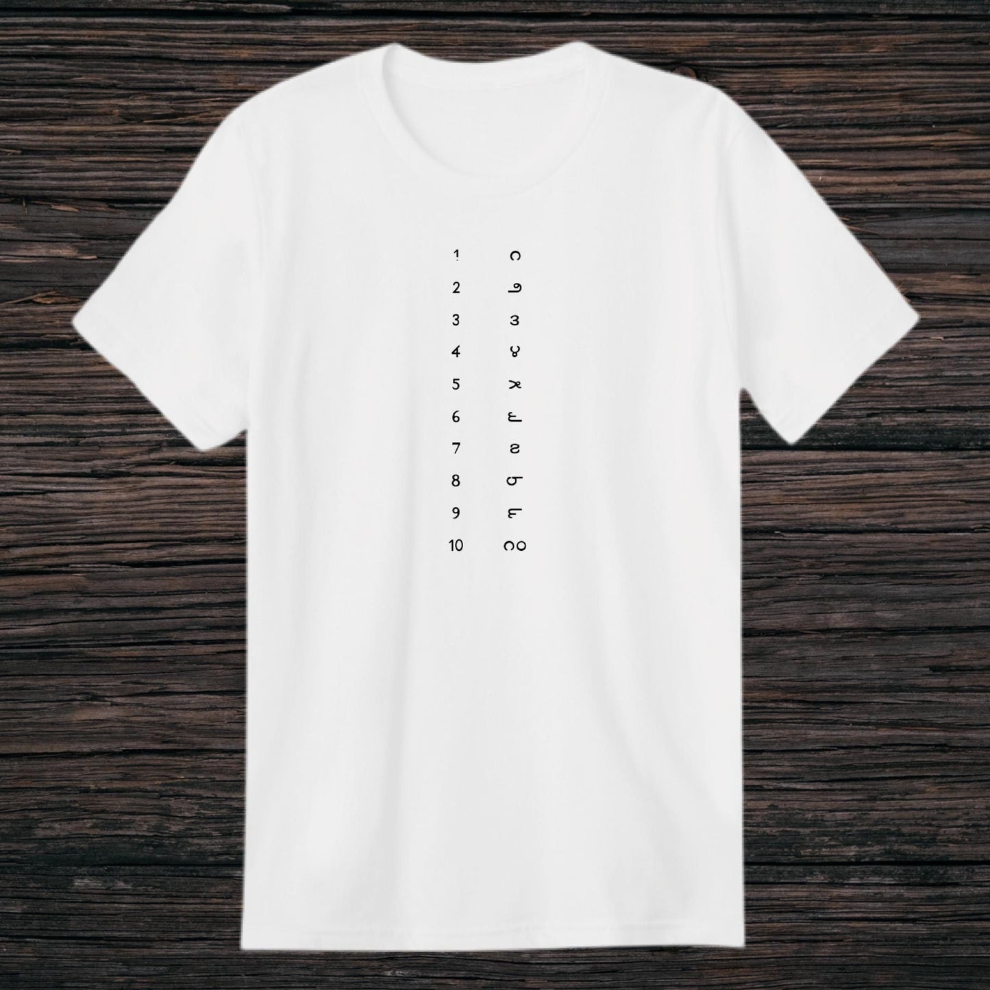 White t-shirt with numbers 1-10 printed vertically alongside their corresponding Telugu numeral representations.  Educational design for learning Telugu numerals on a comfortable t-shirt.