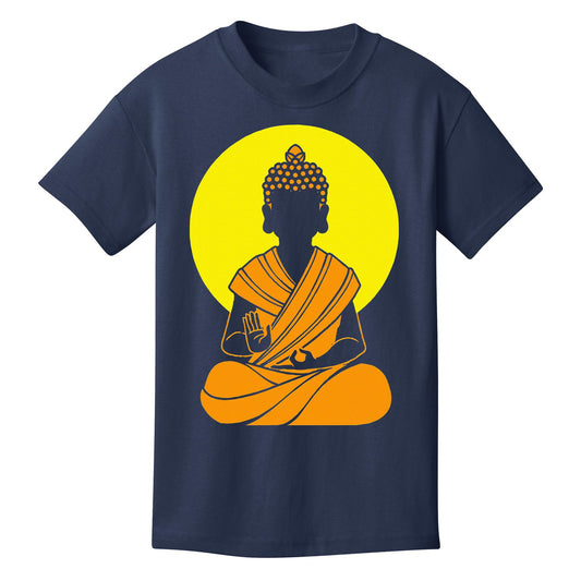 A navy blue t-shirt featuring a Buddha silhouette with a yellow sun aura, a symbol of inner peace and enlightenment.