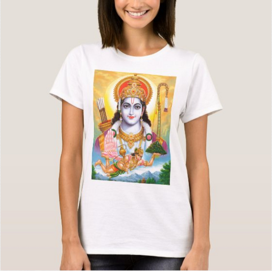 White T-Shirt with a colorful portrait of Shri Ram, with a crown and halo, giving a blessing gesture.