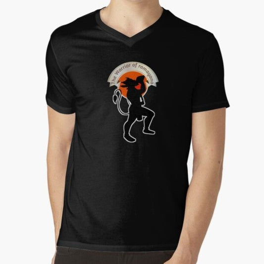 Black V-neck T-Shirt with a white silhouette of Hanuman holding a mountain, and "The Warrior of Ramayana" written in a circular pattern around the image.