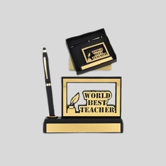 DK – Premium "World Best Teacher" Pen Stand Gift Set with Elegant Black & Golden Finish – Ideal for Teachers' Day, Office Desk & Corporate Gifting