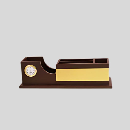 DK –Luxury Wooden Pen Stand with Clock & Name Plate | Desk Organizer for Office & Corporate Gifting