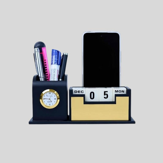 DK –Multi-Functional Desk Organizer with Pen Stand, Mobile Holder, Calendar & Clock – Elegant Office Table Accessory