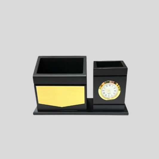 DK –Premium Black Wooden Pen Stand with Golden Name Plate & Clock 1412