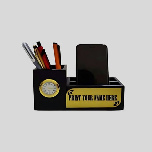 DK –Premium Wooden Pen Stand with Clock & Mobile Holder – Personalized Desk Organizer for Office & Home 1414