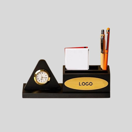 DK –Premium Wooden Desk Organizer with Clock, Pen Stand, and Memo Holder – Customizable Logo 1415