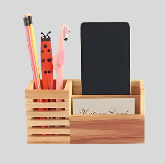 DK –Premium Wooden Pen Stand with Mobile & Visiting Card Holder – Multi-Functional Desk Organizer 1417