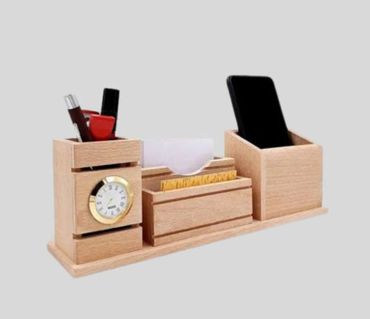 DK –Premium Wooden Desk Organizer with Pen Stand, Mobile Holder & Clock 1419