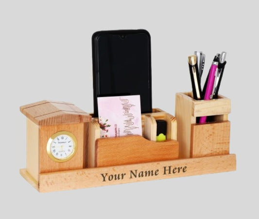 DK –Premium Wooden Multipurpose Desk Organizer with Clock, Mobile & Pen Holder – Customizable Name Engraving 1420