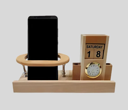 DK –1067 Wooden Multifunctional Desk Organizer with Phone Stand, Calendar, Clock, and Pen Holder - 1422