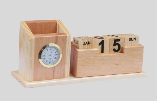 DK –5204 Wooden Pen Stand with Clock and Perpetual Calendar Desk Organizer - 1424