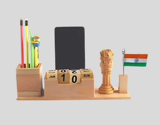 DK –Patriotic Wooden Pen Stand with Perpetual Calendar, Phone Holder, Minion, and Indian Emblem - 1425