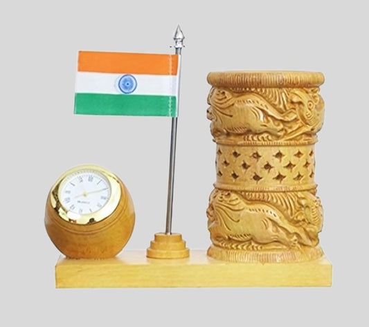 DK –PLT 2009 Carved Wooden Pen Stand with Clock and Indian Flag 1429