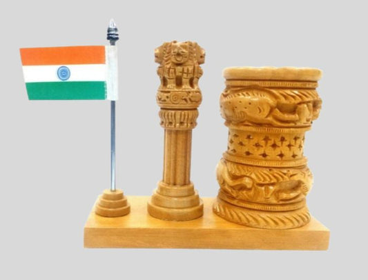 DK –PLT 2029 Carved Wooden Pen Stand with Ashok Pillar & Indian Flag 1430