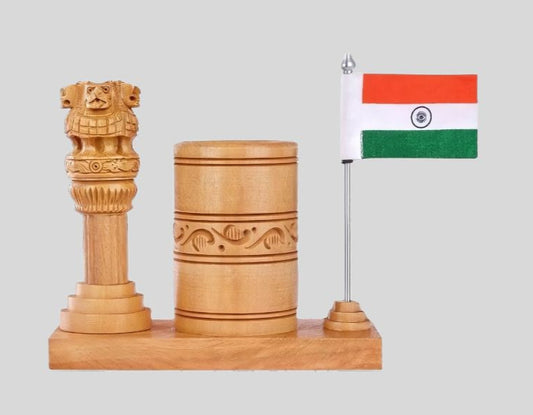 DK –PLT 2027 Carved Wooden Pen Stand with Ashok Pillar & Indian Flag 1434