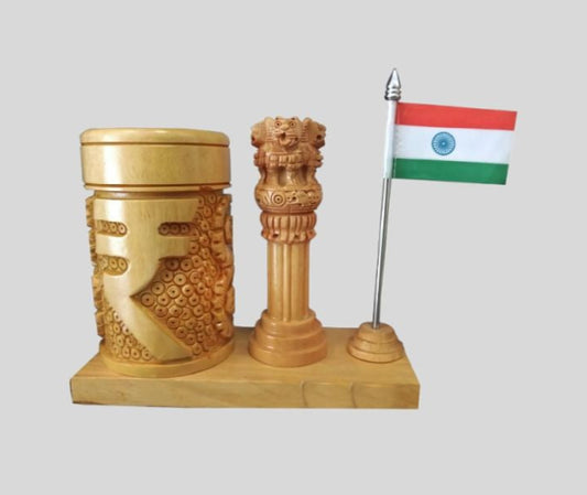 DK –PLT 2023 Carved Wooden Pen Stand with Indian Rupee Symbol, Ashok Pillar & Flag 1435