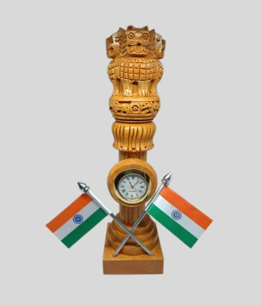 DK –PAP 1102 Wooden Ashoka Stambh with Clock & Dual Indian Flags 1436