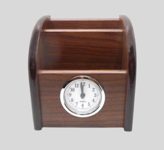 DK –   Wooden Rotating Pen Stand with Analog Clock Organizer 1448
