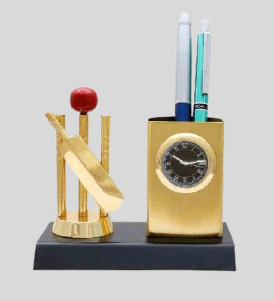 DK –M581 Cricket Bat & Ball Pen Stand with Clock - Golden Desk Organizer 1458