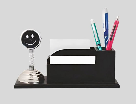 DK –M542 Pen Stand with Smiley Spring & Visiting Card Holder - Black & Silver 1463