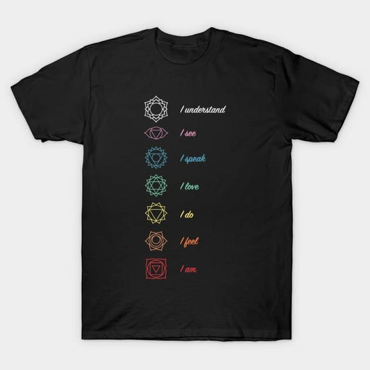 Black T-Shirt with seven colorful geometric chakra symbols arranged vertically, each paired with an "I" statement affirmation, suitable for yoga or meditation.