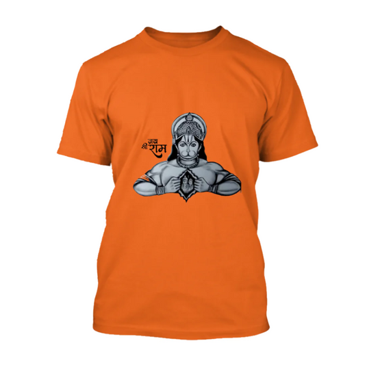 Orange T-Shirt with a graphic illustration of Hanuman revealing Rama and Sita in his heart, and "Jai Shri Ram" written in Devanagari script.