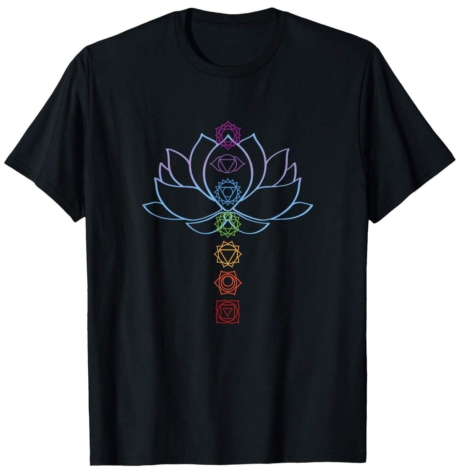 Black T-Shirt with a white outline of a lotus flower and seven colorful chakra symbols arranged vertically, suitable for yoga or meditation.