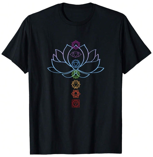 Black T-Shirt with a white outline of a lotus flower and seven colorful chakra symbols arranged vertically, suitable for yoga or meditation.