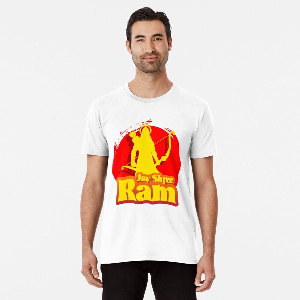 White T-Shirt with a yellow silhouette of Shri Ram holding a bow and arrow against a red circle, and "Jay Shree Ram" written below.