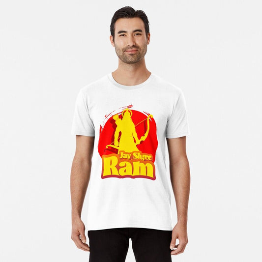 White T-Shirt with a yellow silhouette of Shri Ram holding a bow and arrow against a red circle, and "Jay Shree Ram" written below.