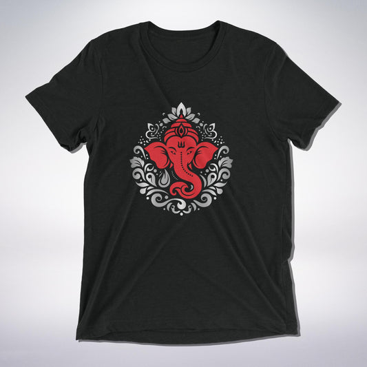 A sacred black T-shirt adorned with a powerful red depiction of Lord Ganesha, the remover of obstacles. Surrounded by intricate gray and white ornamental patterns, this design radiates devotion, protection, and divine blessings. A must-have for every Ganesha bhakt! 🙏✨