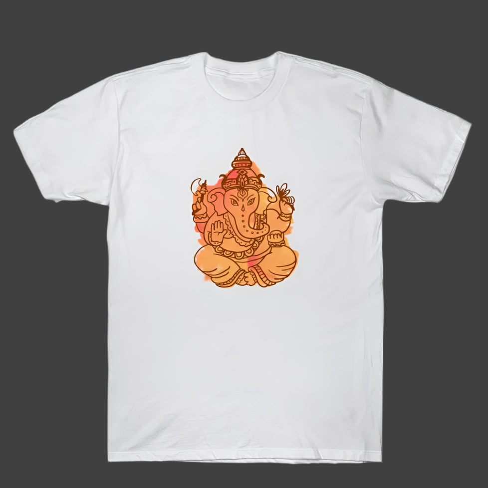A white T-shirt featuring a colorful artistic depiction of Lord Ganesha in shades of orange and yellow, radiating a warm, spiritual glow. A perfect blend of tradition and modern design for devotees and art lovers alike.